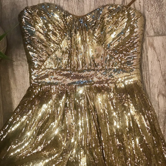 Badgley Mischka Gold Sequin Strapless Corset Dress - Picture 5 of 7
